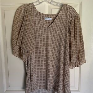 Calvin Klein Beige Square-Print Puff Sleeve Top
